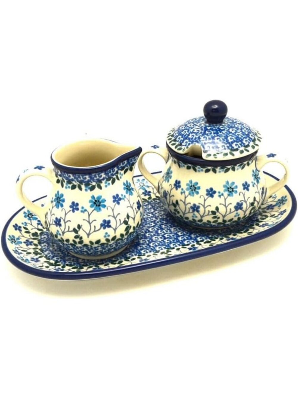 Handcrafted Cream & Sugar Set - Polish Pottery, Beautiful Blue Design, Kitchen